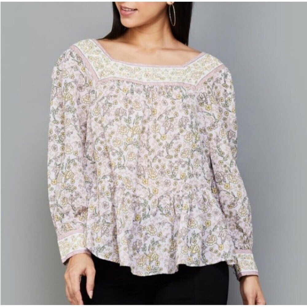 Womens Prairie Boho Peplum Blouse Size L Floral Cottagecore Romantic
